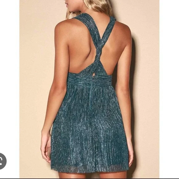 Lulus Ailey Gold and Teal Blue Skater Dress NWT - Picture 2 of 13